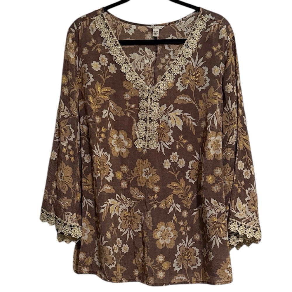 🖤 Cato Sheer Floral Blouse with Gold Lace Detail